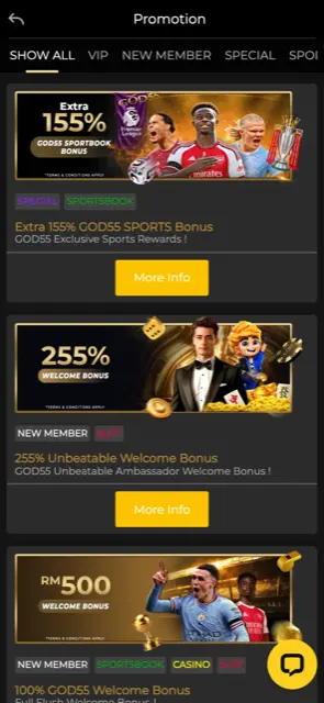 GOD55 promotions page on a phone with the 255% welcome bonus