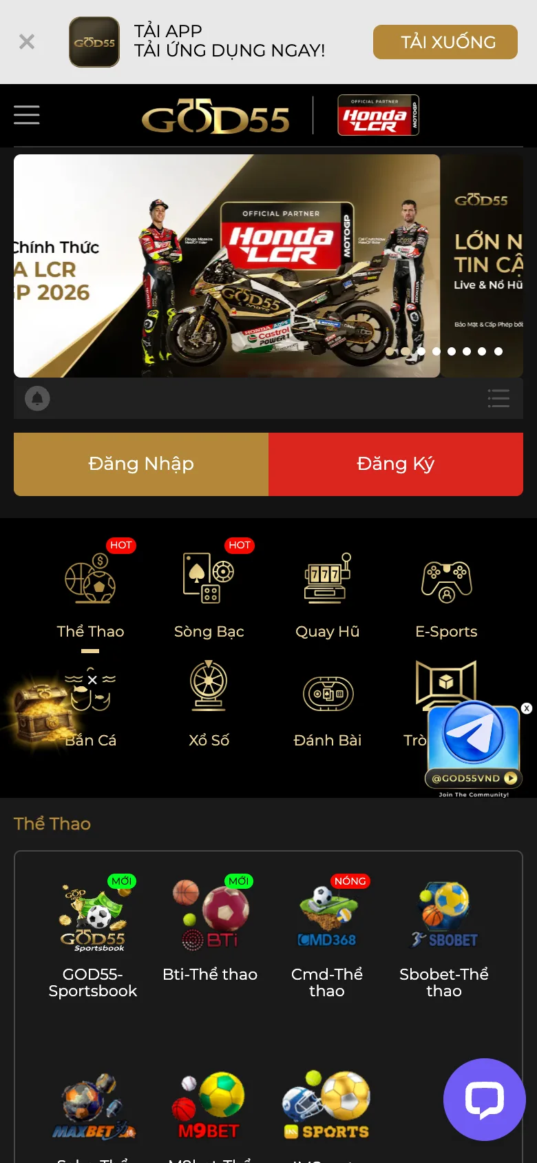 Trang chủ GOD55 trên điện thoại với nút tải app, các danh mục game và nhà cung cấp thể thao