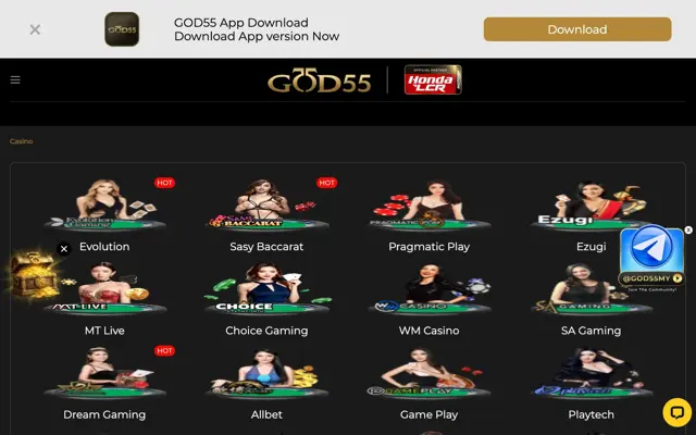 GOD55 live casino providers including Evolution, Sexy Baccarat, Pragmatic Play and SA Gaming