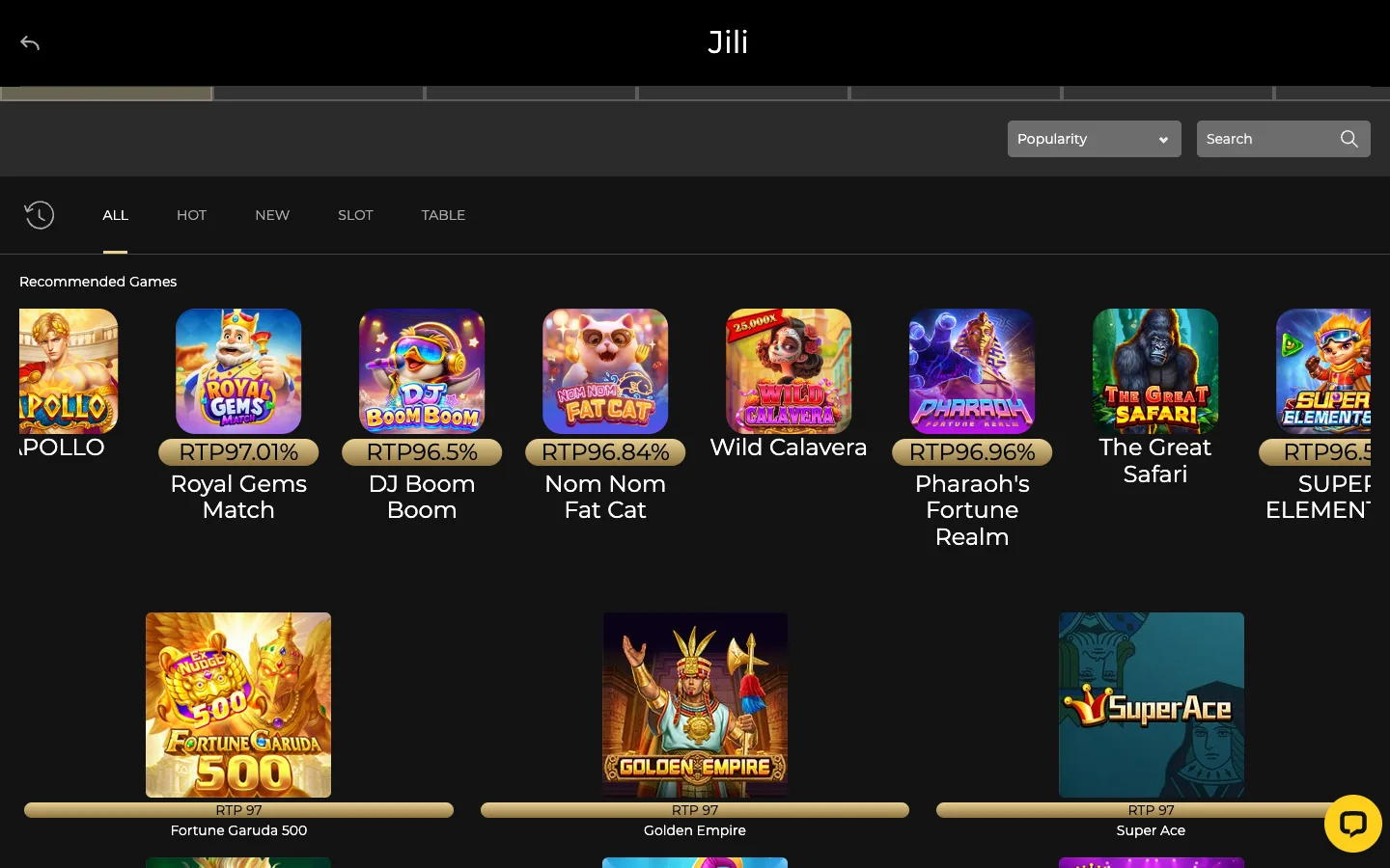 GOD55 JILI slots lobby with RTP labels