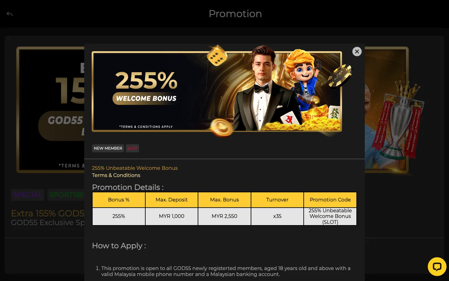 GOD55 255% welcome bonus terms with max deposit MYR 1,000, max bonus MYR 2,550 and x35 turnover