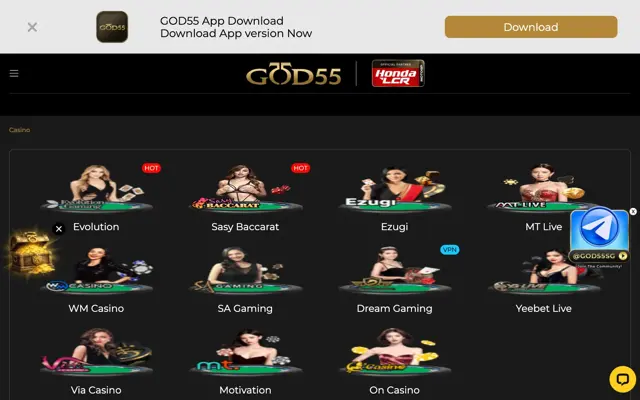 GOD55 Singapore live casino providers including Evolution, Sexy Baccarat, Ezugi and SA Gaming
