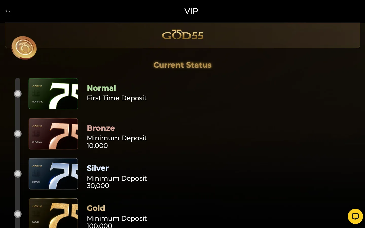 GOD55 Singapore VIP tiers with minimum deposits