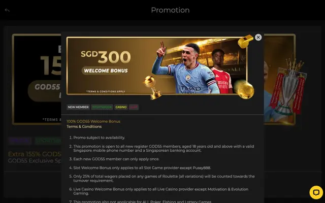 GOD55 100% welcome bonus up to SGD 300 for sportsbook, casino and slots