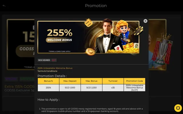 GOD55 255% Unbeatable Welcome Bonus terms showing max deposit SGD 1,000, max bonus SGD 2,550 and x35 turnover