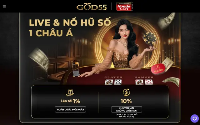 Trang đăng ký GOD55 với banner hoàn cược mỗi ngày lên tới 1% và khuyến mãi không giới hạn 10%