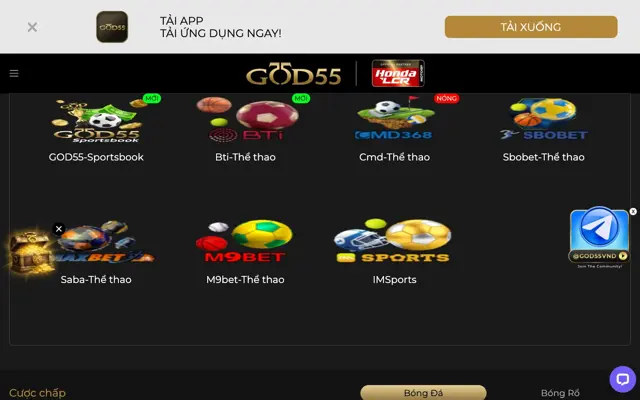Các nhà cung cấp thể thao GOD55: GOD55 Sportsbook, BTi, CMD368, SBOBET, SABA, M9Bet và IMSports