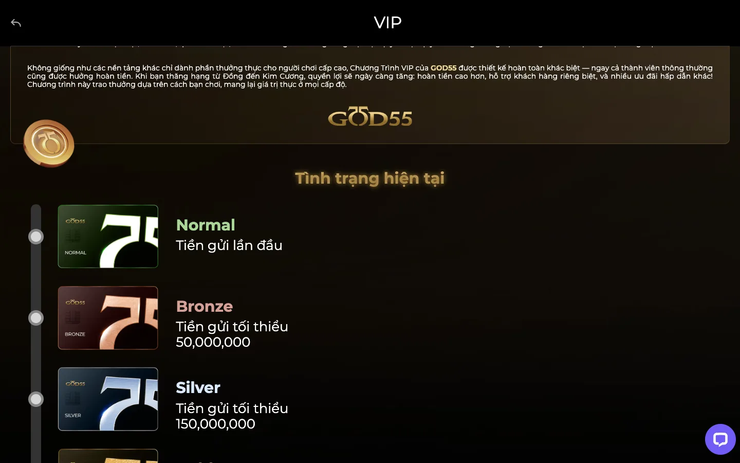 Bậc VIP GOD55 Việt Nam: Normal từ lần nạp đầu, Bronze từ 50.000.000 và Silver từ 150.000.000