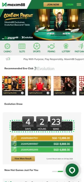 Maxim88 Singapore mobile homepage with game category icons and Evolution Draw results in SGD