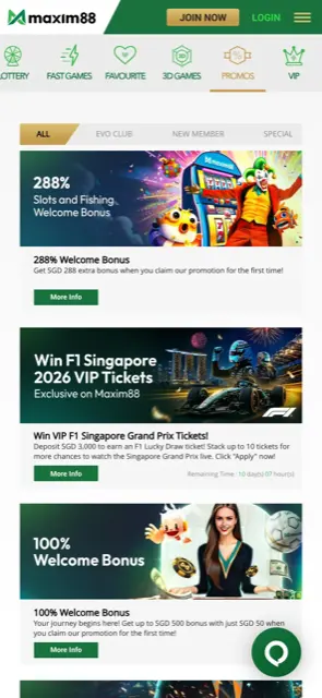 Maxim88 Singapore mobile promotions page with 288% welcome bonus and F1 ticket draw