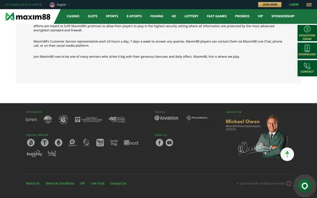 Maxim88 footer with BMM, iTech Labs and GLI certifications, payment methods and Michael Owen as ambassador