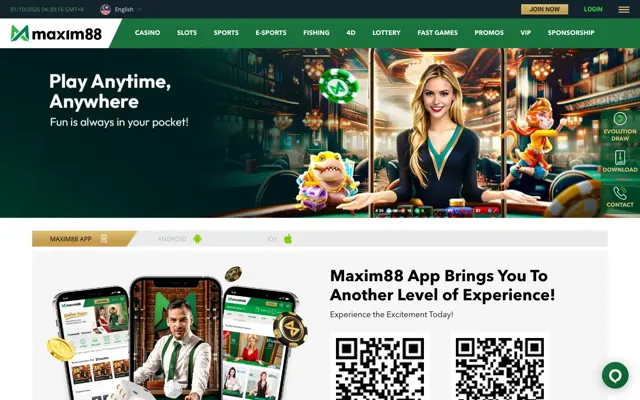 Maxim88 app download page with Android and iOS tabs and QR codes