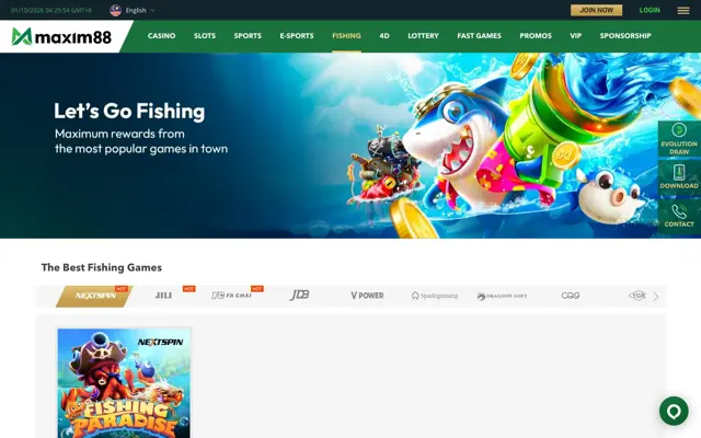 Maxim88 fishing games page with Nextspin, JILI, Fa Chai, JDB and other providers