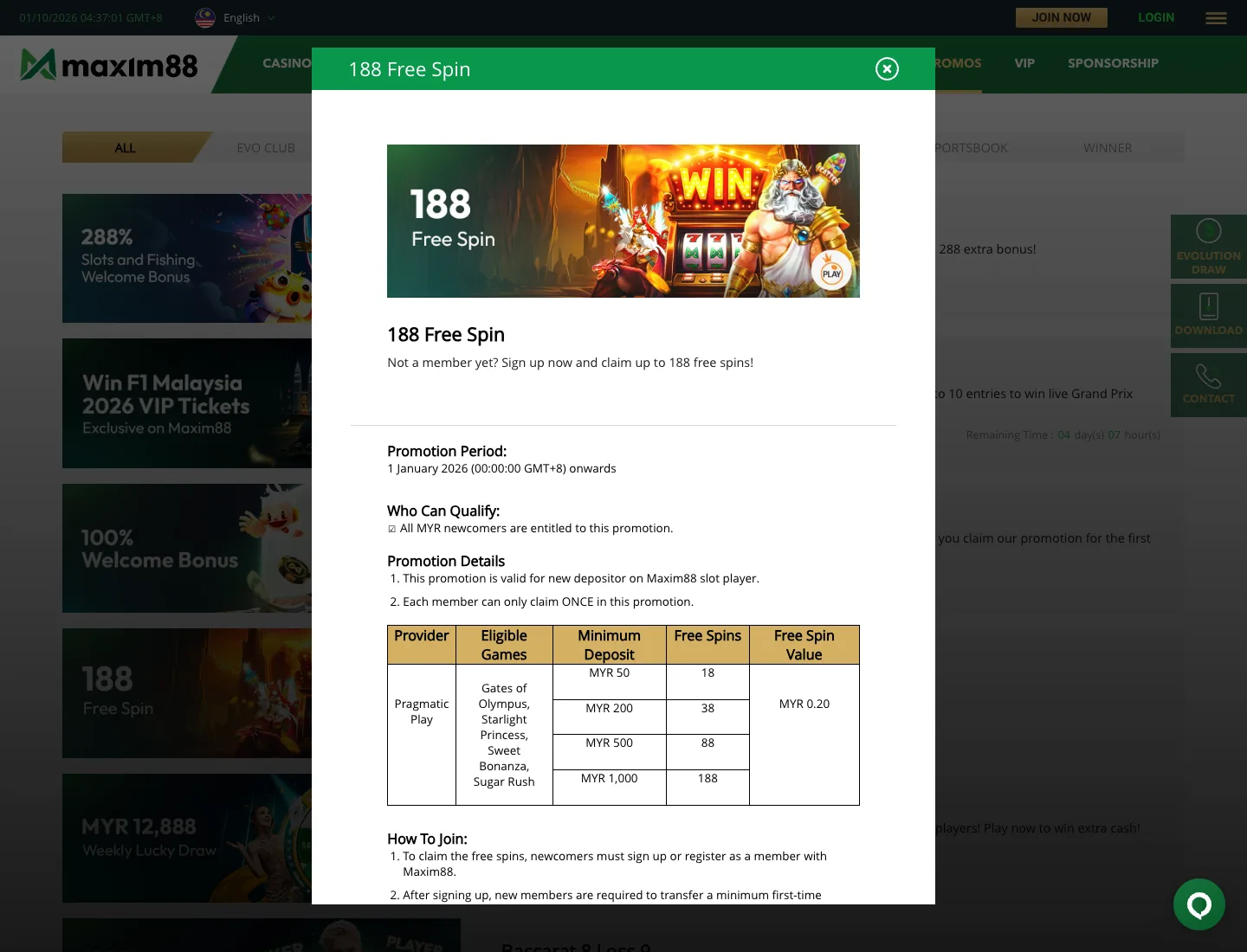Maxim88 188 free spins promotion
