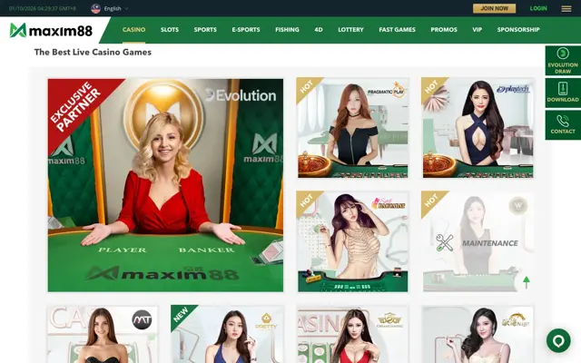 Maxim88 live casino page with Evolution exclusive partner tile and other live studios