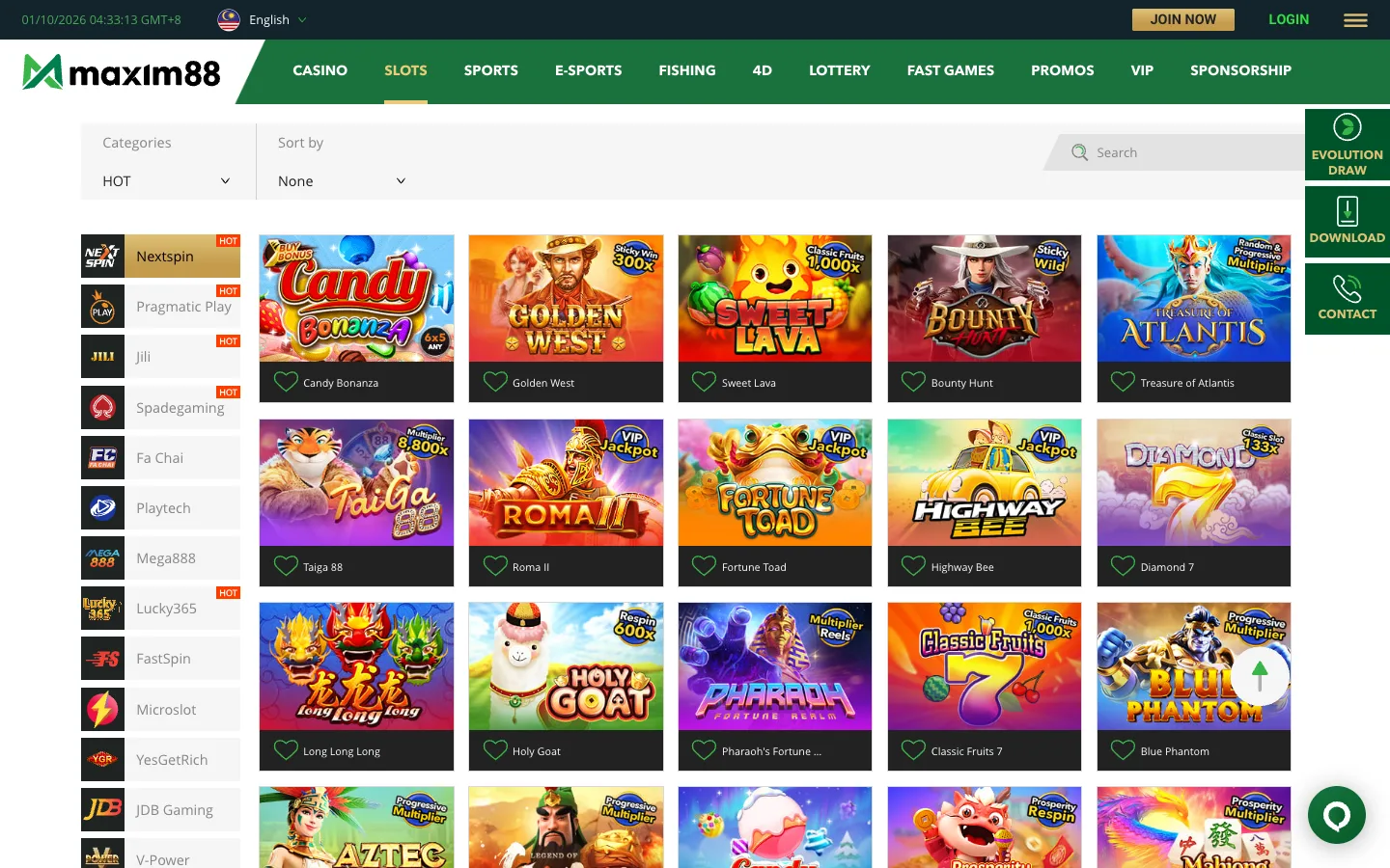 Maxim88 slots lobby with provider list