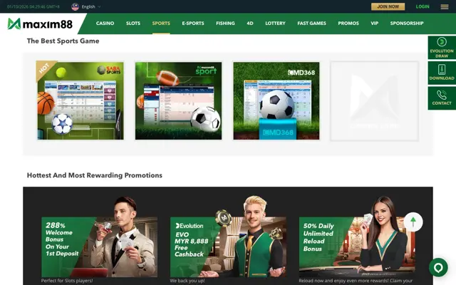 Maxim88 sports page with Saba Sports, Maxim88 Sport and CMD368