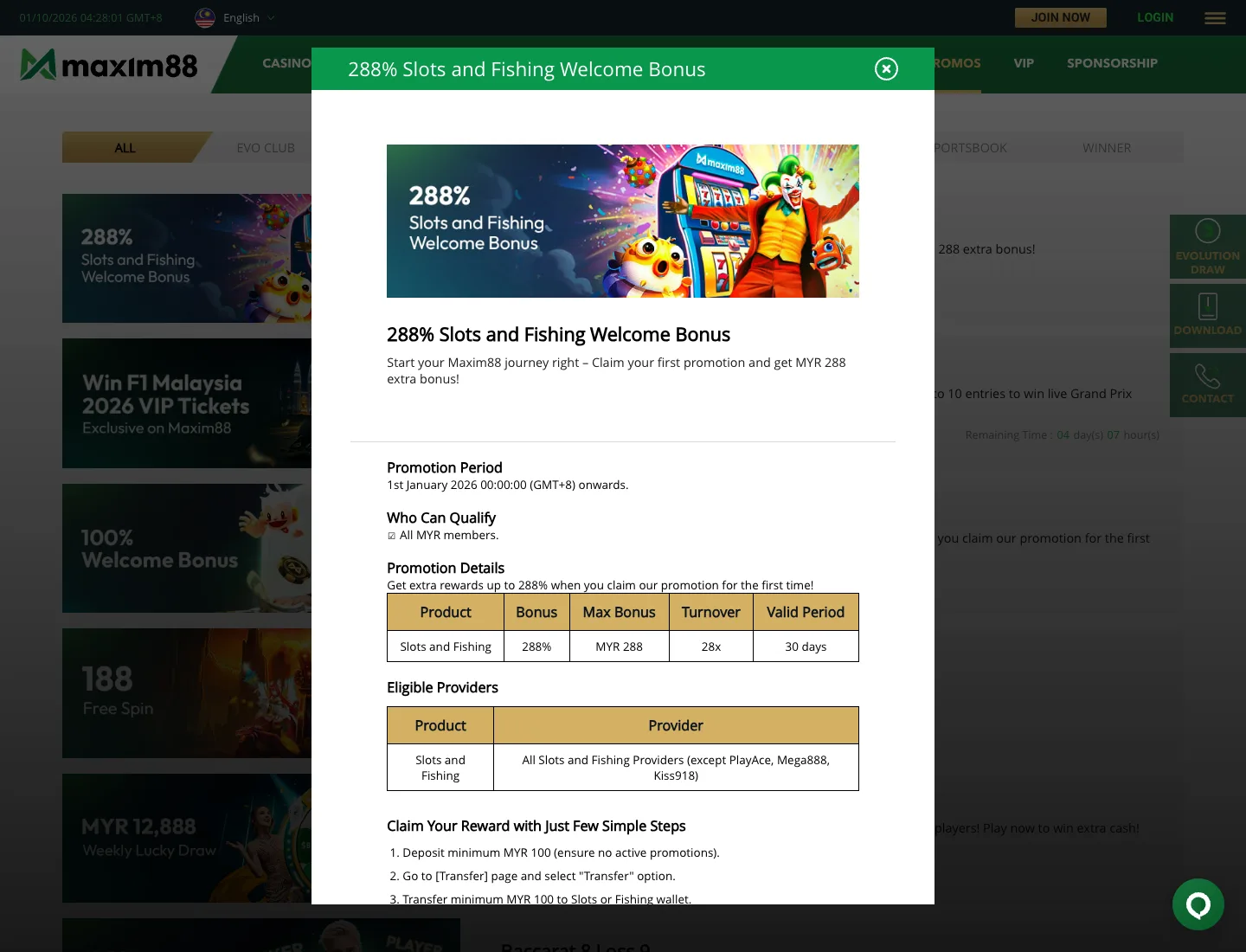 Maxim88 288% slots and fishing welcome bonus terms