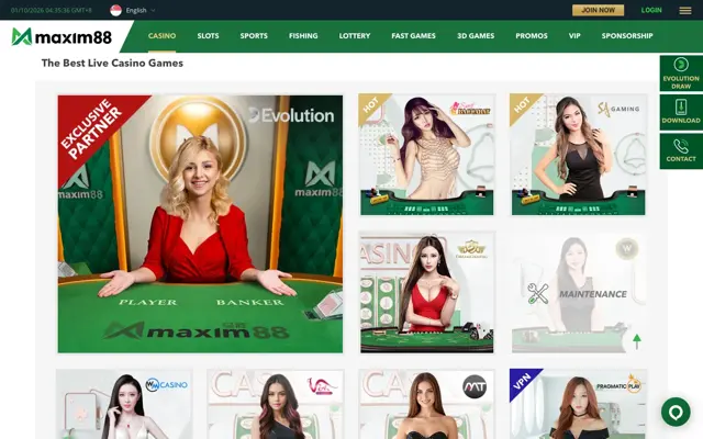 Maxim88 Singapore live casino page with Evolution, Sexy Baccarat, SA Gaming and Dream Gaming