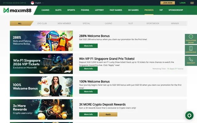 Maxim88 Singapore promotions page listing welcome bonuses, F1 Singapore ticket draw and crypto rewards