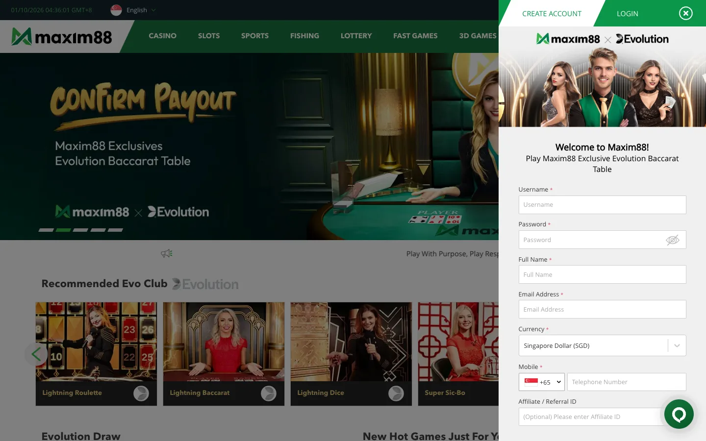 Maxim88 Create Account panel with username, password, full name, email, Singapore Dollar currency, +65 mobile and referral ID fields
