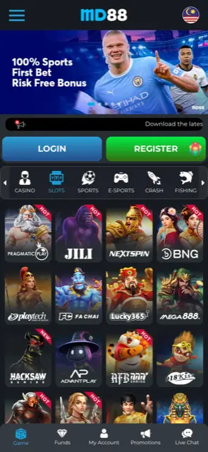 MD88 mobile site home screen with login and register buttons and slot providers
