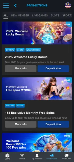 MD88 mobile promotions page with the 288% Welcome Lucky Bonus