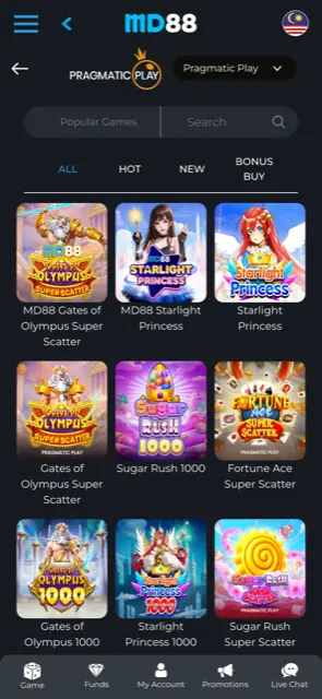 MD88 mobile Pragmatic Play lobby with MD88-branded Gates of Olympus and Starlight Princess slots