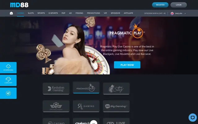 MD88 live casino page with Evolution, Pragmatic Play, Sexy Baccarat, Dream Gaming, SA Gaming and Big Gaming