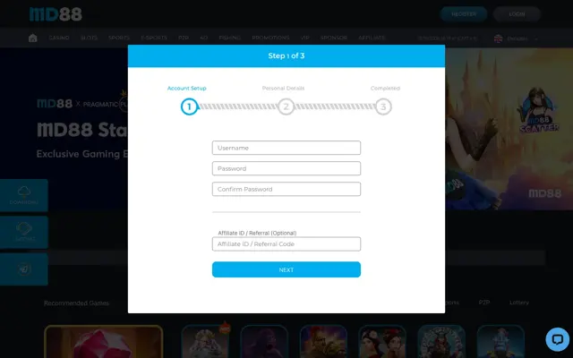 MD88 registration form, step 1 of 3, asking for a username, password and optional referral code