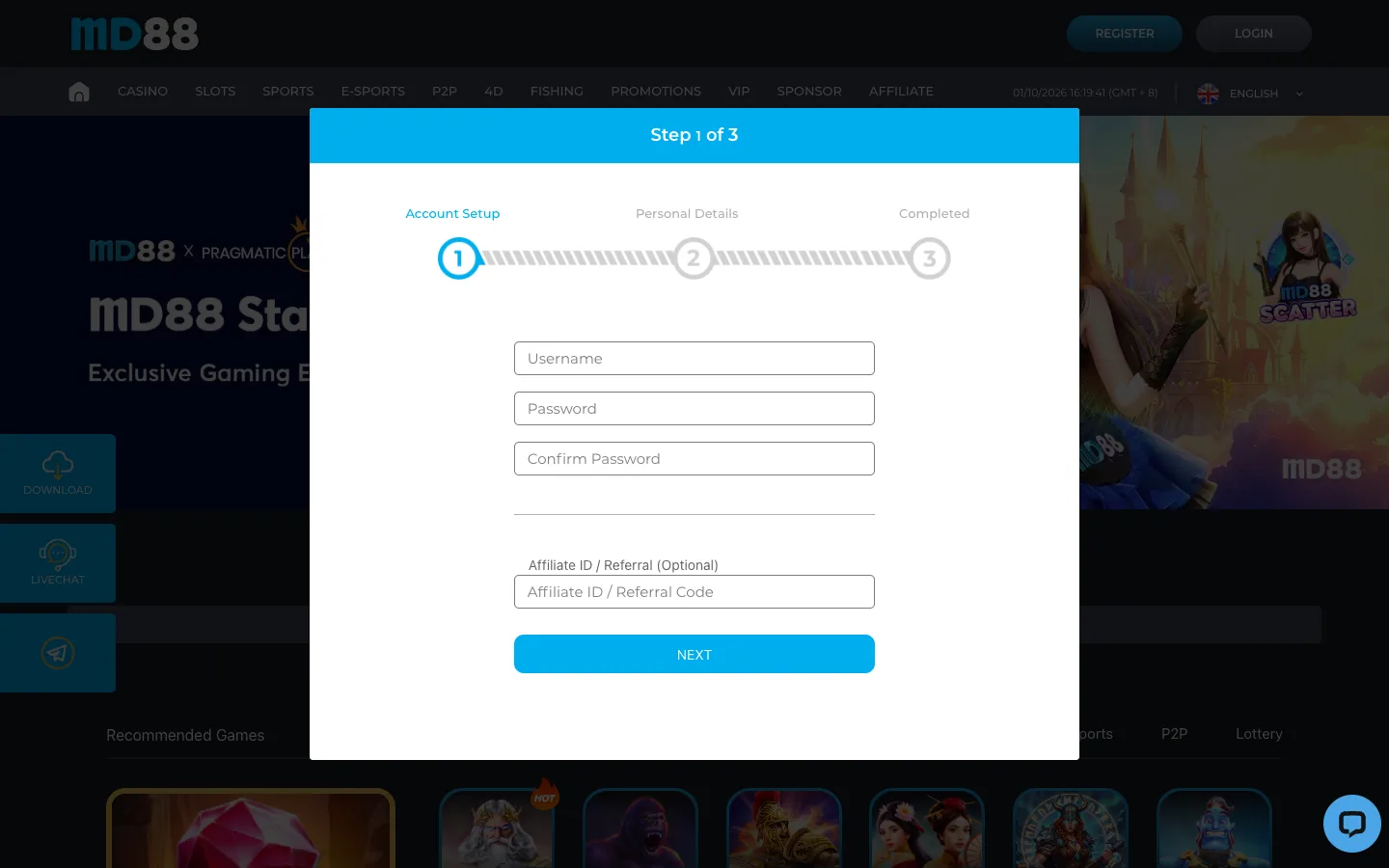 MD88 sign-up form step 1