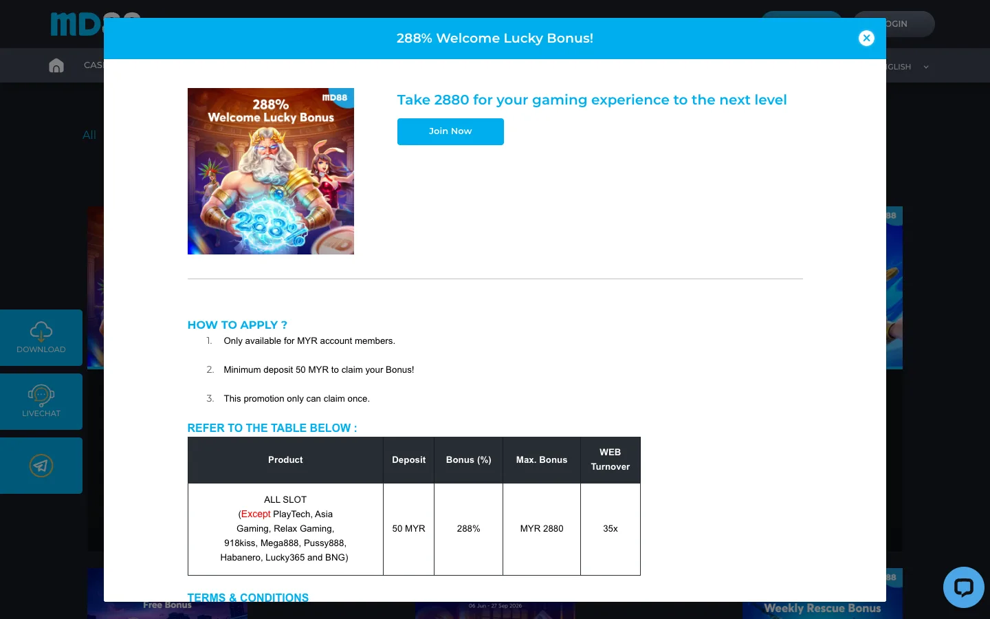 MD88 288% Welcome Lucky Bonus terms