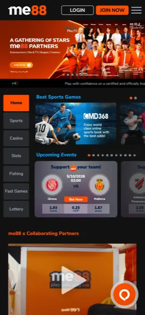 me88 mobile site home screen with side menu for sports, casino, slots, fishing and lottery