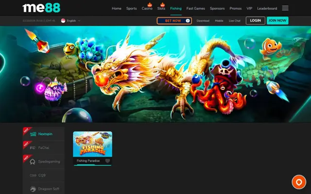 me88 fishing games page with Nextspin, FaChai, Spadegaming and CQ9