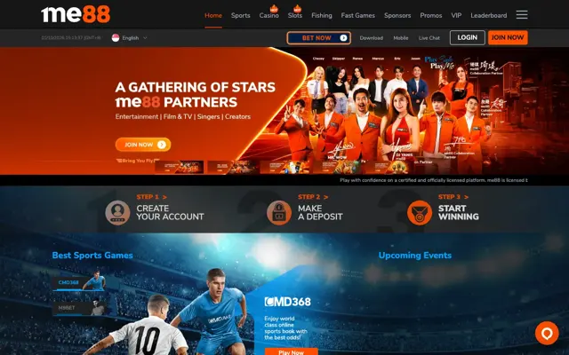 me88 Singapore homepage with partner banner, sign-up steps and CMD368 sportsbook
