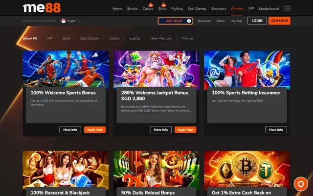 me88 promotions page with welcome sports bonus, 288% welcome bonus and sports betting insurance