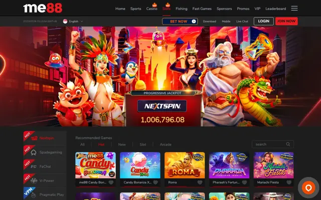 me88 slots lobby with Nextspin progressive jackpot and slot providers