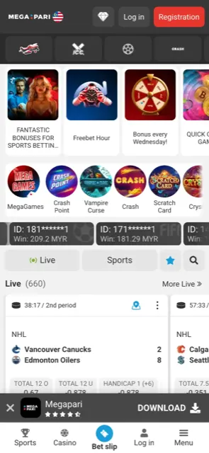 Laman mudah alih Megapari dengan jubin promosi, MegaGames, kemenangan dalam MYR dan menu bawah