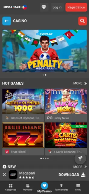Megapari mobile casino lobby with Gates of Olympus 1000 and Lucky Neko