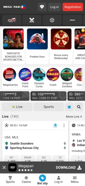Megapari mobile site with promo tiles, live odds and a bottom menu
