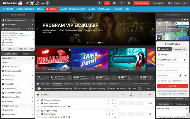 Laman Megapari dalam Bahasa Melayu dengan menu Pendaftaran, Log Masuk, Sukan dan Kasino