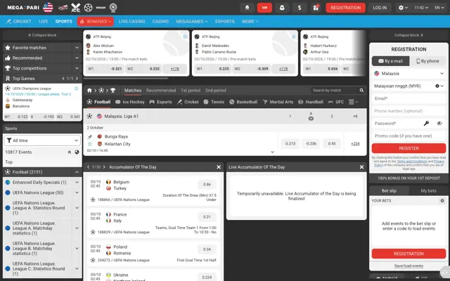 Sportsbook Megapari menunjukkan perlawanan Liga A1 Malaysia Bunga Raya lawan Kelantan City dengan odds format Malaysia