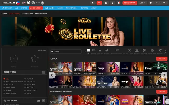 Megapari live casino with Crazy Time, VIP blackjack and roulette tables