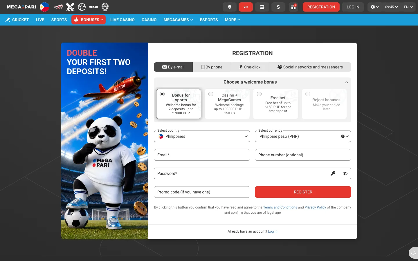 Megapari registration form with the welcome bonus chooser