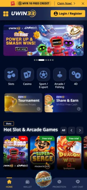 UWIN33 mobile site home screen with game categories and bottom menu