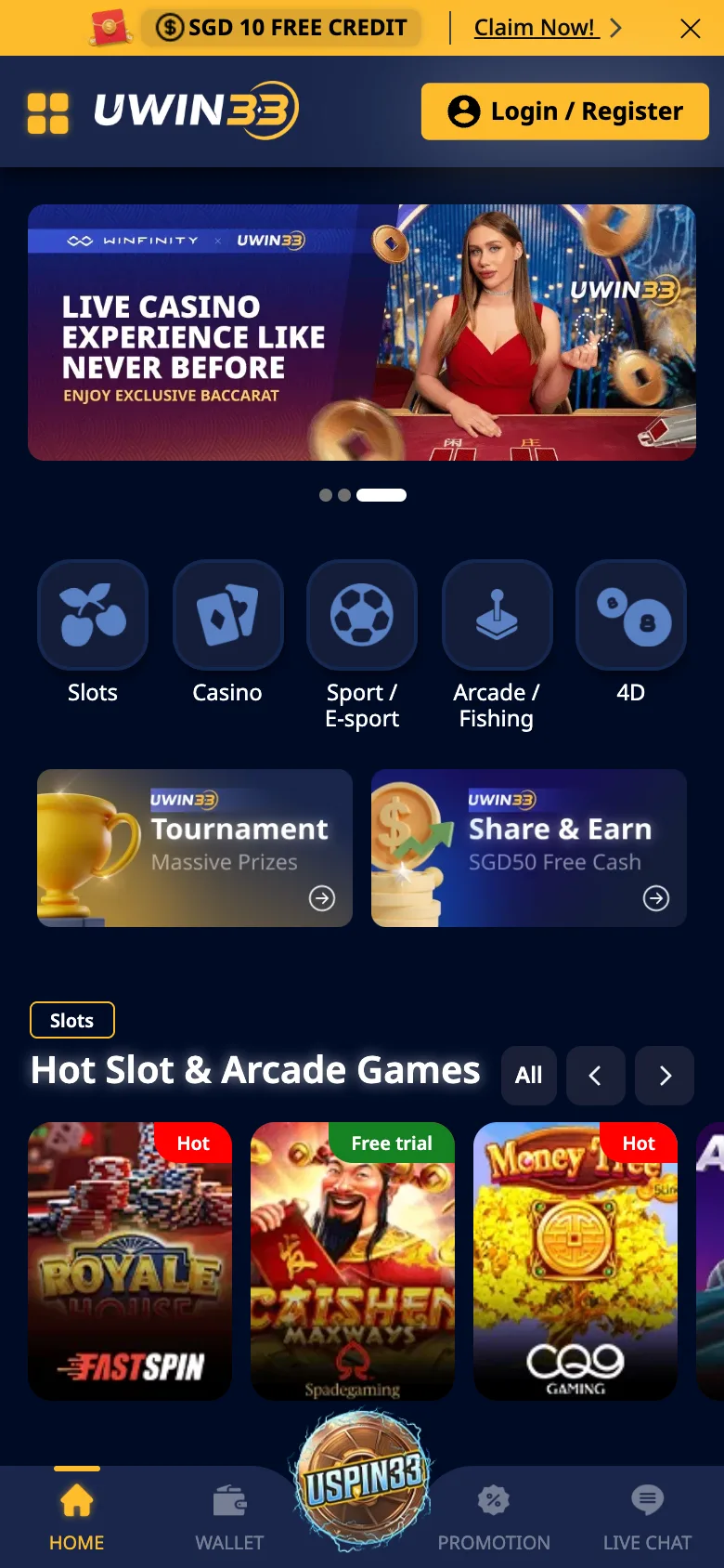 UWIN33 Singapore mobile home screen