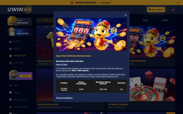 UWIN33 Super Boost 333% Slots Welcome Bonus terms, max MYR 168 at x35