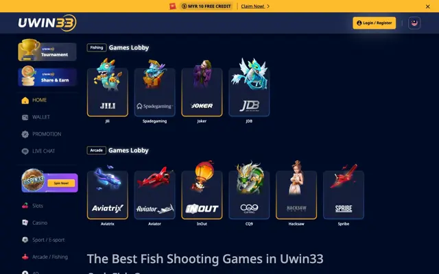 UWIN33 fishing and arcade lobby with JILI, Spadegaming, Joker, JDB, Aviatrix and Spribe