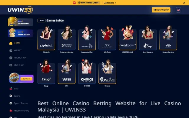 UWIN33 live casino lobby with Playtech, Evolution, Pragmatic Play, Sexy Baccarat and Dream Gaming