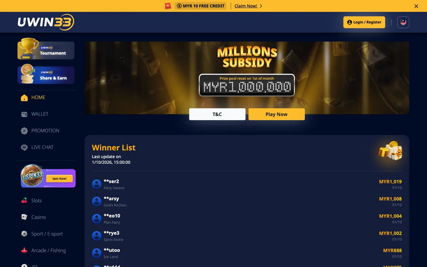 UWIN33 Millions Subsidy page with MYR 1,000,000 prize pool